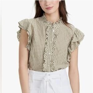 Veronica Beard Tenille Ruffle Sleeve Blouse Olive Gingham Cotton Top L